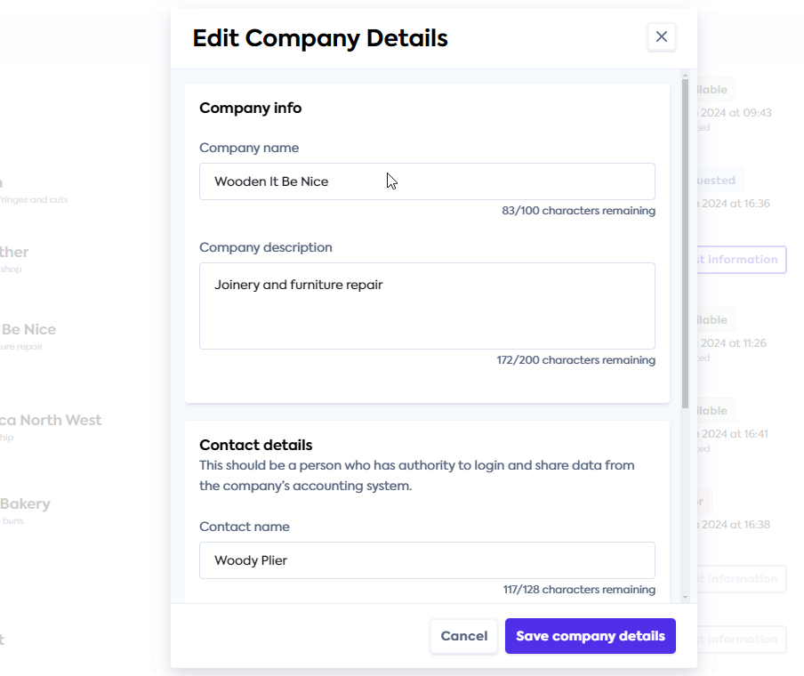 An image of the Relationship Manager Portal interface with the Edit Company Details window open